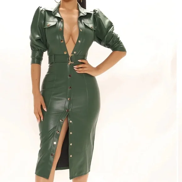 hunter green leather dress Talia Tiered Pu Leather Midi Dress Hunter Green / M main image 1
